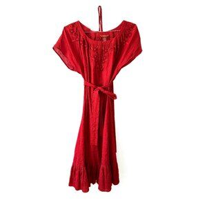 Sundance Maxi Embroidered Dress Red/Orange Tiered Sz 8 Fabric Belt Matching Slip